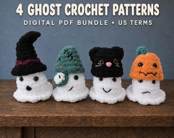 4 Halloween Ghost Crochet Patterns Bundle PDF, Witch Frankenstein Cat Pumpkin Amigurumi Patterns, US Terms, Instant Digital Download