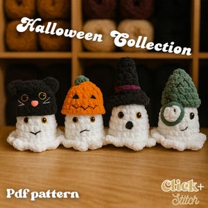 May include: Four white crochet ghosts, each with a different Halloween hat: a black cat, an orange pumpkin, a black witch's hat, and a green monocle. The image includes the text "Halloween Collection" and "Pdf pattern".