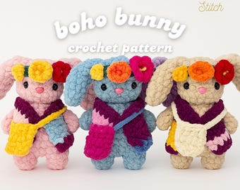 Boho Bunny Crochet Pattern,Cute Groovy Bunny Plush Pdf Pattern,Amigurumi Bunny with Flower Crown,Soft Squishy Hippie Bunny Crochet Pattern