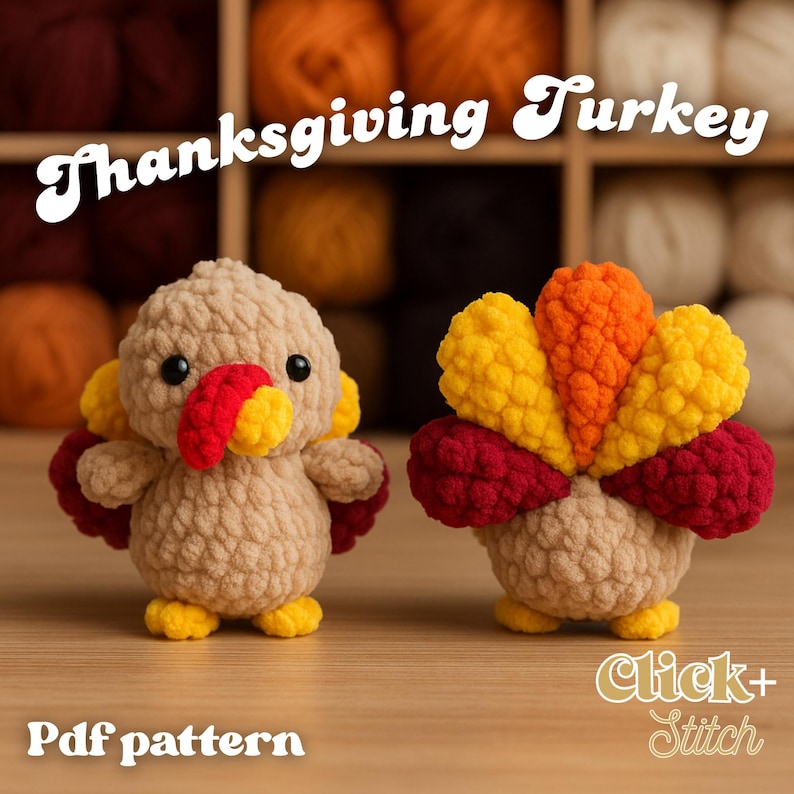May include: Two crocheted turkey figurines in tan, red, yellow, and orange. The turkeys have black eyes and are displayed on a wooden surface. The text "Thanksgiving Turkey" and "Pdf pattern" are visible.