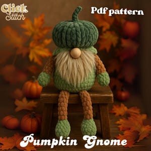 May include: A handmade crochet pumpkin gnome with a green pumpkin-shaped hat, a beige beard, and brown and green arms and legs. The gnome is sitting on a small wooden bench. The image includes the text "Pdf pattern" and "Pumpkin Gnome".
