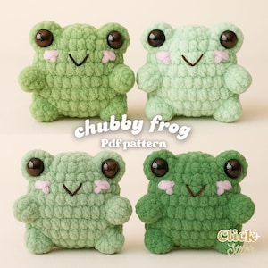 May include: Four handmade crochet frog toys in varying shades of green. Each frog has large, dark brown eyes, pink cheeks, and a stitched smile. The text "chubby frog Pdf pattern" is displayed.