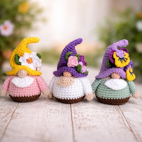 Patrón de crochet para gnomo de flores de primavera: margaritas, rosas y pensamientos. Amigurumi sin costura. Patrón de crochet fácil para principiantes en PDF.
