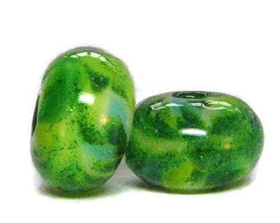 Luck of the Irish Artisan Glass Lampwork Bead Pair - For Good Luck Bracelet or Earrings - Pantone Color of the Year - Greenery with Sparkle