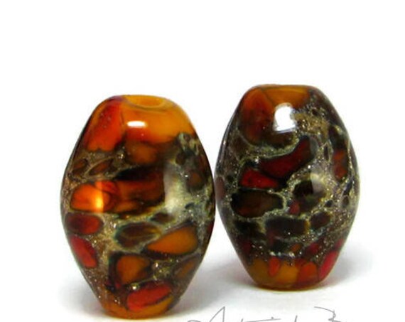 Ignition Ovals Artisan Lampwork Bead Pair - Autumn Glass paired with fine Italian Silver - these pair perfectly with 2mm Natural Leather