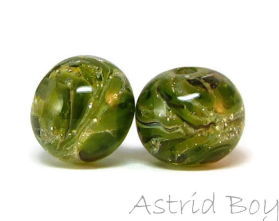 Olive Drift Rounds Artisan Lampwork Bead Pair-Gorgeous transparent olive glass with fine Italian silver over crystal clear transparent glass
