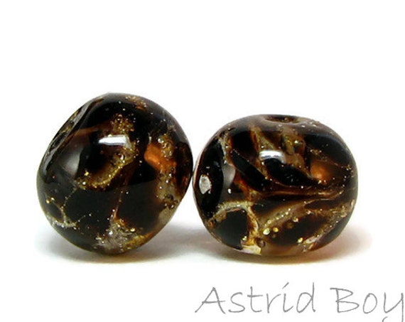 Root Beer Sparkle Artisan Lampwork Bead Pair - Dark brown transparent glass paired with with fine Italian silver - perfect for summer style