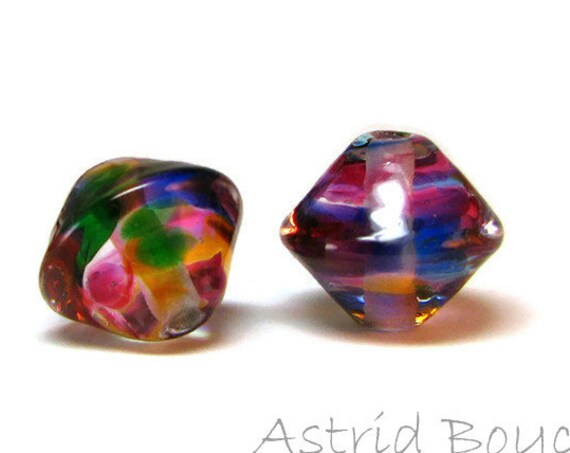 Diamond Rainbow Artisan Lampwork Glass Bead Pair - bicone shape - Free USA Shipping-Glass for Necklaces -Purple Green Blue Transparent Glass