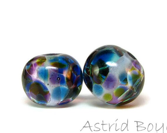 Jungle Love Artisan Lampwork Glass Bead Pair - Free USA Shipping-Beautiful Glass for Earrings Necklaces -Purple Green Blue Transparent Glass