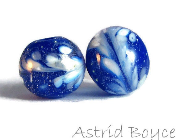 Snow at Twilight artisan lampwork bead pair- lovely deep blue with fine Italian silver overlay and swirls of glass snow on surface SRA-B-195