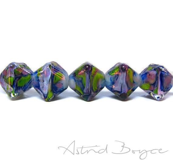 Lavender Fields - Free USA Shipping - Crystals - Purple Green Greenery Artisan Lampwork Lamp Work Glass Bead Set - 14mm Crystal Clear Glass