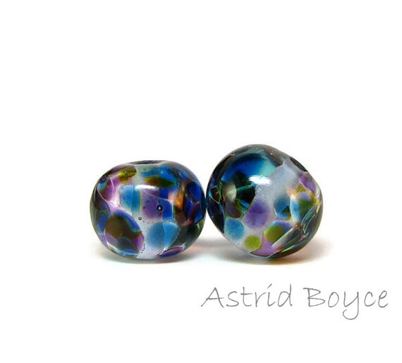 Jungle Love Artisan Lampwork Glass Bead Pair - Free USA Shipping-Beautiful Glass for Earrings Necklaces -Purple Green Blue Transparent Glass