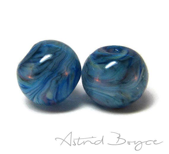 Bright Water Round Lampwork Bead Artisan Beads Bead Pair - Pantone Niagara Blue Pantone 2017-Mix of Blues with a bit of Lavender under Clear