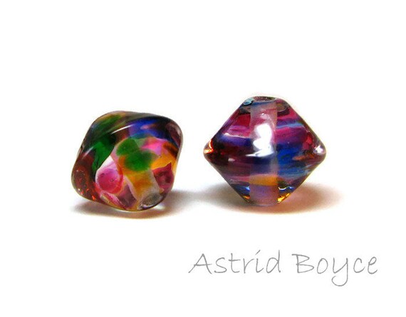 Diamond Rainbow Artisan Lampwork Glass Bead Pair - bicone shape - Free USA Shipping-Glass for Necklaces -Purple Green Blue Transparent Glass