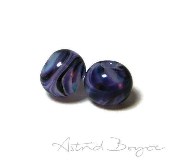 Royalty Artisan Glass Art Glass Lampwork Bead Pair - Deep Purple - Niagara Blue Swirled Together over Transparent Opal Glass for Rich Color