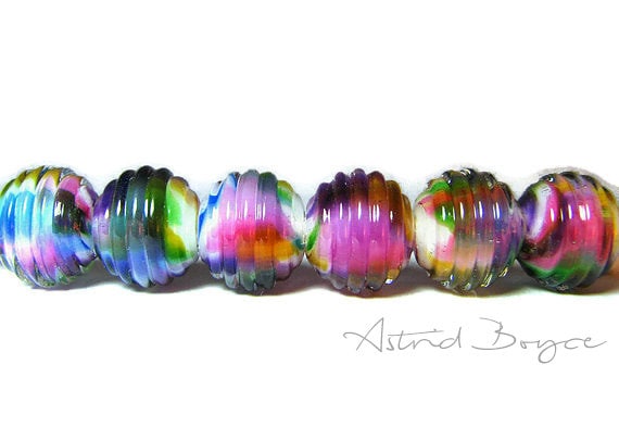 Rainbow Ribbed Lampwork Bead Rounds
