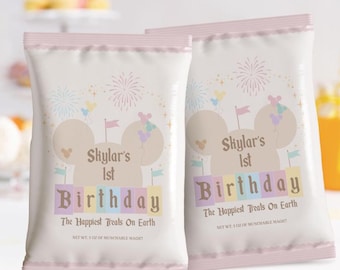Disneyland Birthday Chip Bag, Editable Mickey Mouse Party Favor (Canva Edit File)
