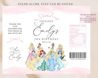 Princess Birthday Chip Bag Template, Editable Name (Digital File)