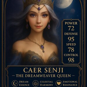 May include: A fantasy art card featuring Caer Senji, the Dreamweaver Queen, with a crown and jewelry. The card includes stats: Power 72, Defense 95, Speed 78, Control 98. Text: Dream Essence, Celestial Harmony, Emotional Resonance.
