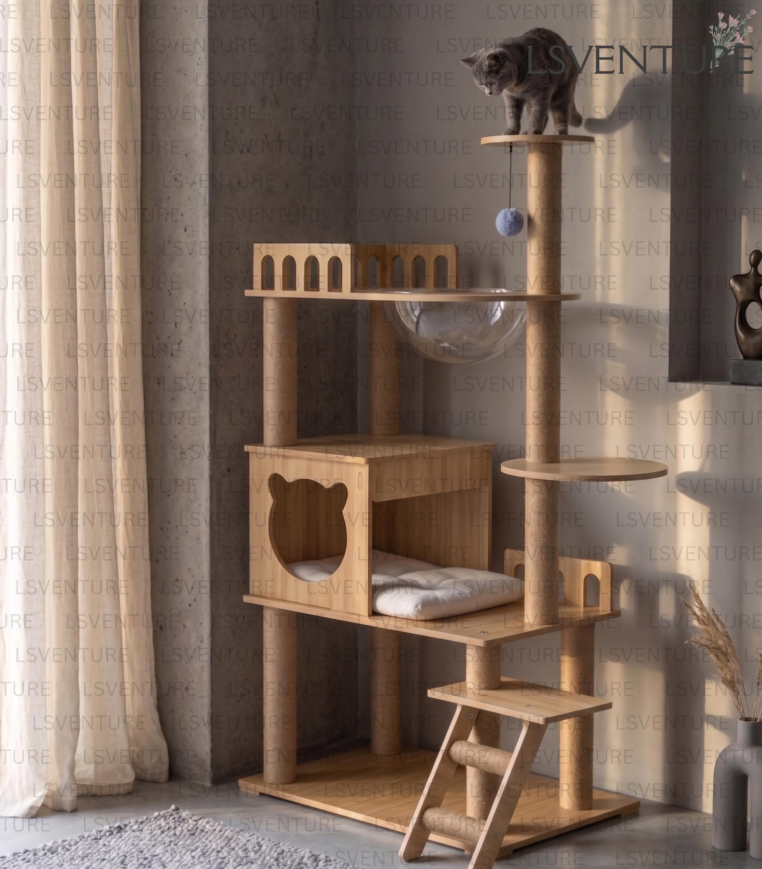 Modern Wood Cat Tree For Large Cats Floor To Ceiling Cat Tree Wooden Cat Wall Furniture Tall Cat Tower With Cat Bed