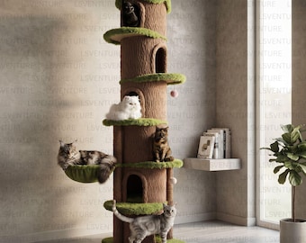 Tiragraffi in legno a 6 livelli, dal pavimento al soffitto, con mobili da parete per gatti, cuccia per gatti di grandi dimensioni, letto alto per gatti.