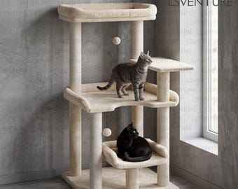 4-våningars klösträd i trä för stor katt, golv till tak, modern kattbädd, sisal, klättermöbler för katter, väggmonterad katttorn