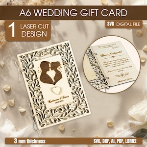 Könnte beinhalten: Eine lasergeschnittene Hochzeitsgeschenkkarte mit einem dekorativen floralen Design. Die Karte zeigt eine Silhouette eines sich küssenden Paares, ein Herz und den Text "Katherine & Fabios 06.09.2015". Die Karte ist 3 mm dick und enthält den Text "A6 Wedding Gift Card".