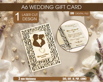 Tarjeta de regalo de boda personalizada tamaño A6 en formato SVG – Recuerdo para los novios, archivo digital para corte láser