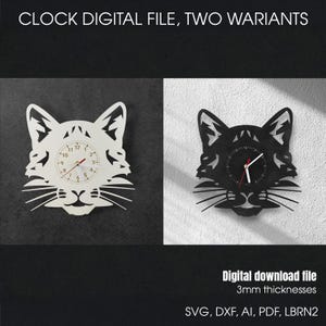 Peut inclure: Deux horloges murales en forme de chat, une blanche et une noire, avec un cadran au centre. L'horloge blanche a un cadran clair avec des chiffres et des aiguilles noirs. L'horloge noire a un cadran noir avec des chiffres blancs et des aiguilles rouges. Le texte "CLOCK DIGITAL FILE, TWO VARIANTS" est en haut.