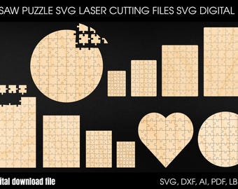 May include: A collection of wooden jigsaw puzzle designs in various shapes, including circles, rectangles, and a heart. The image includes the text "JIGSAW PUZZLE SVG LASER CUTTING FILES SVG DIGITAL FILE" and "Digital download file". Formats include SVG, DXF, AI, PDF, and LBRN2.