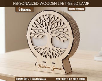Personalized Tree of Life 3D Lamp Laser Cut File, Custom Name Night Light SVG Gift