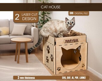 Katzenhaus Laser geschnitten SVG - Holzkatzenbettkiste, Pfotenausschnitte, Haustiermöbeldatei