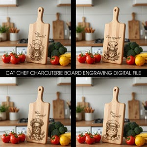 Könnte beinhalten: Ein helles Holz-Servierbrett mit Griff, graviert mit einer Katze mit Kochmütze und den Worten "Bon appétit!". Das Brett ist von Tomaten, Brokkoli und Zitronen umgeben. Der Text "CAT CHEF CHARCUTERIE BOARD ENGRAVING DIGITAL FILE" befindet sich unten.