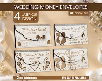 Sobre de dinero para boda SVG: 4 portatarjetas cortados con láser, descarga digital para Glowforge y xTool