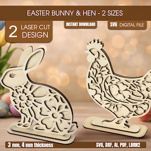 Easter Bunny Chicken SVG Laser Cut File Bundle, Floral Shelf Sitter DXF, Spring Decor Glowforge xTool Cricut