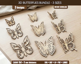 Pacchetto di farfalle 3D in formato SVG, file di taglio laser a strati per farfalle, SVG per decorazioni murali, Glowforge, Cricut e CNC, farfalle in legno