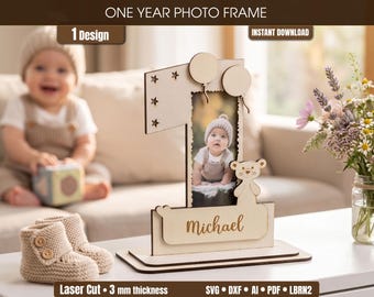 Första födelsedagen fotoram SVG | Nummer 1 babyminnessak | Personlig namnram | Laserskuren Glowforge Cricut