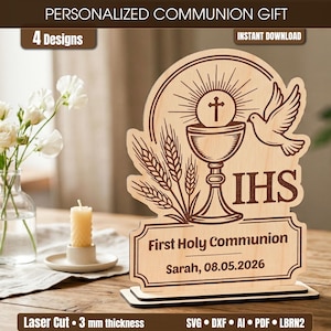 May include: A wooden First Holy Communion gift with a chalice, dove, and wheat design. The text reads "First Holy Communion" and includes a name and date. The sign is laser cut with a 3 mm thickness.