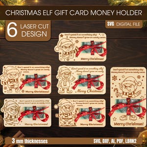 May include: Wooden Christmas elf gift card money holders with laser-cut designs. Each holder features an elf illustration, a red ribbon, and the text "Merry Christmas!" and "Don't spend it on something silly!"