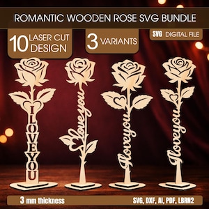Può includere: Un pacchetto SVG di rose in legno con 10 design tagliati al laser e 3 varianti. I design includono rose con le parole "I love you" e "love you" tagliate nei gambi. Lo spessore è di 3 mm. I formati di file sono SVG, DXF, AI, PDF e LBRN2.