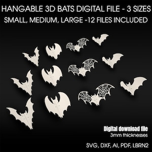 Puede incluir: Un archivo digital con diseños de murciélagos 3D colgantes en tamaños pequeño, mediano y grande. La imagen muestra varios diseños de murciélagos, algunos con alas palmeadas, con un grosor de 3 mm. El texto en la imagen dice "HANGABLE 3D BATS DIGITAL FILE - 3 SIZES".