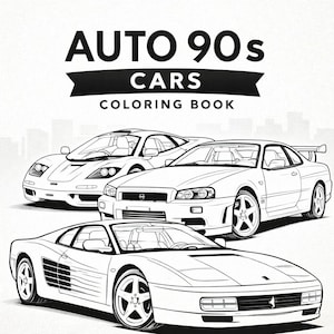 Utskrivbara målarbilder med bilar från 90-talet, målarbok med retrobilar, klassiska JDM-bilar, PDF-nedladdning direkt, aktiviteter för barn och vuxna