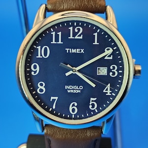 Timex INDIGLO Date 38mm Mens Quartz Watch Leather Band Stainless Fully Restored