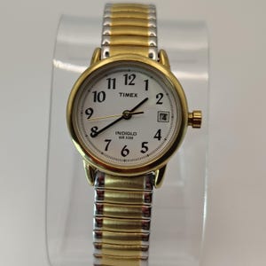 Timex INDIGLO Two Tone Date Women&#39;s Quartz Watch Stretch Bracelet Fits Most