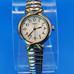Vintage Timex Cavatina 30mm Women&#39;s Quartz Watch Two Tone SS Stretch Bracelet