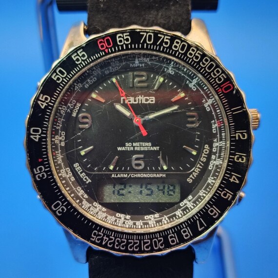 Vintage 1998 Nautica Dual Time Ana-Digi 44mm Mens Quartz Sports Watch Restored