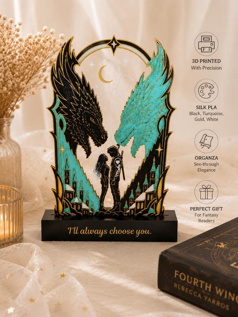 Fourth Wing inspired book stand and matching dragon bookmarks styled on a table showing the complete fantasy reader gift set.