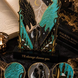 May include: A decorative acrylic standee featuring a black dragon and a teal dragon facing each other, with a couple standing between them under a lightning bolt and crescent moon. The black base displays the text, I'll always choose you.