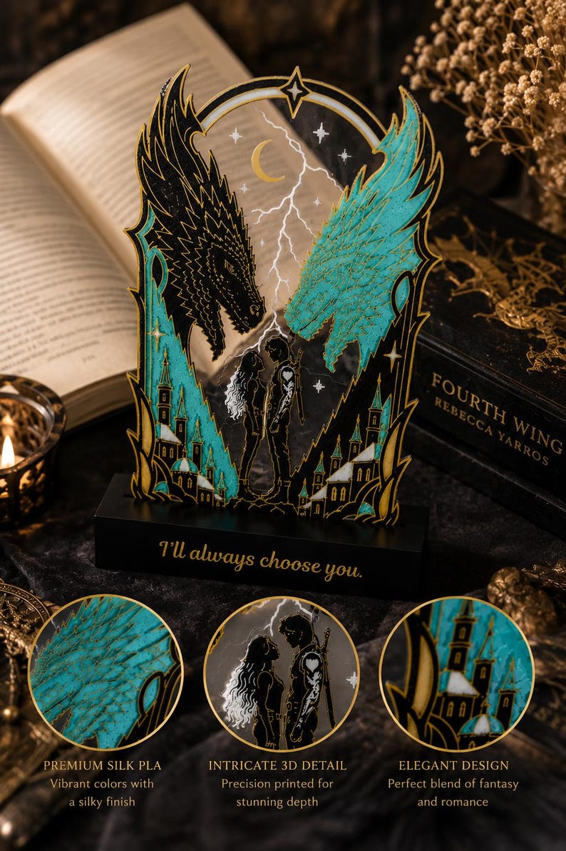 May include: A decorative acrylic standee featuring a black dragon and a teal dragon facing each other, with a couple standing between them under a lightning bolt and crescent moon. The black base displays the text, I'll always choose you.
