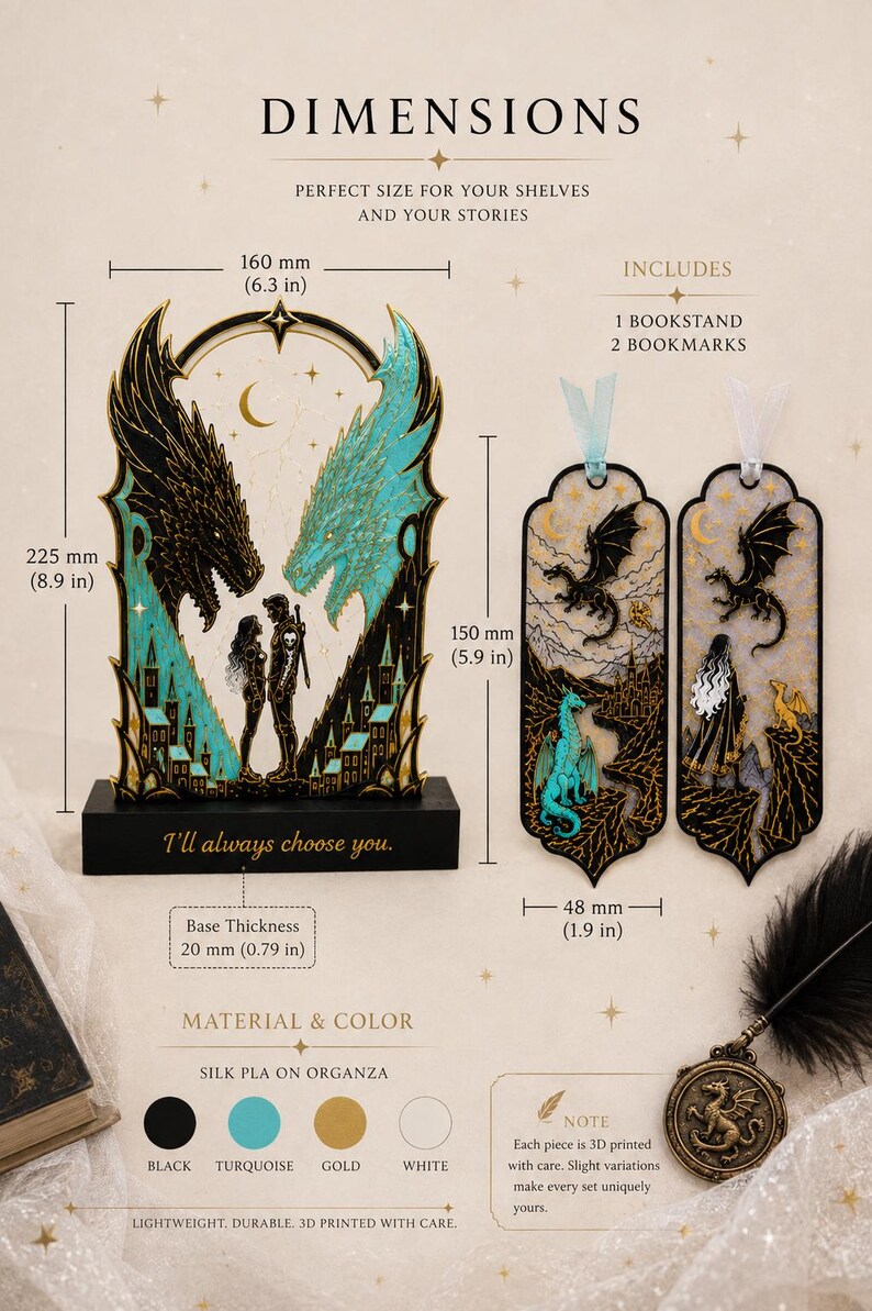May include: A black and turquoise dragon-themed bookstand measuring 8.9 inches by 6.3 inches with a 0.79-inch base featuring the text 'I'll always choose you.' Includes two 5.9-inch by 1.9-inch bookmarks with dragon illustrations and ribbon accents.